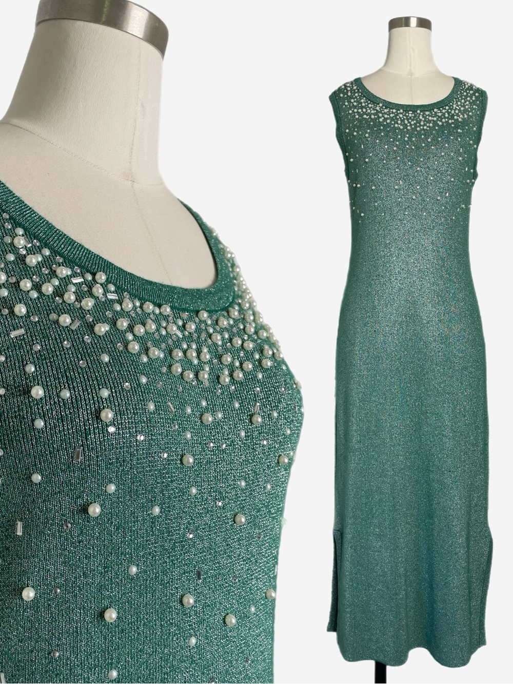 Midnight Velvet Green glitter knit pearl rhinestone embellished midi dress XS/S
